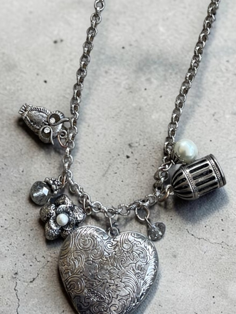 Vintage Napier Heart Locket Owl Birdcage Charm Necklace - Picture 2 of 6